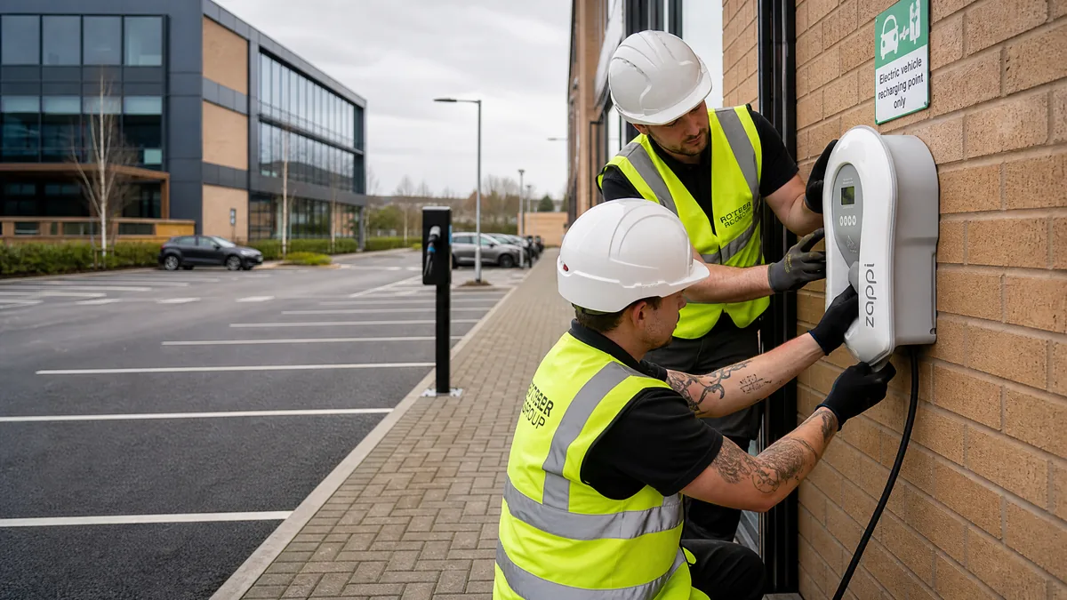 EV charging point installation at a commercial business park in Cornwall by Recall SW