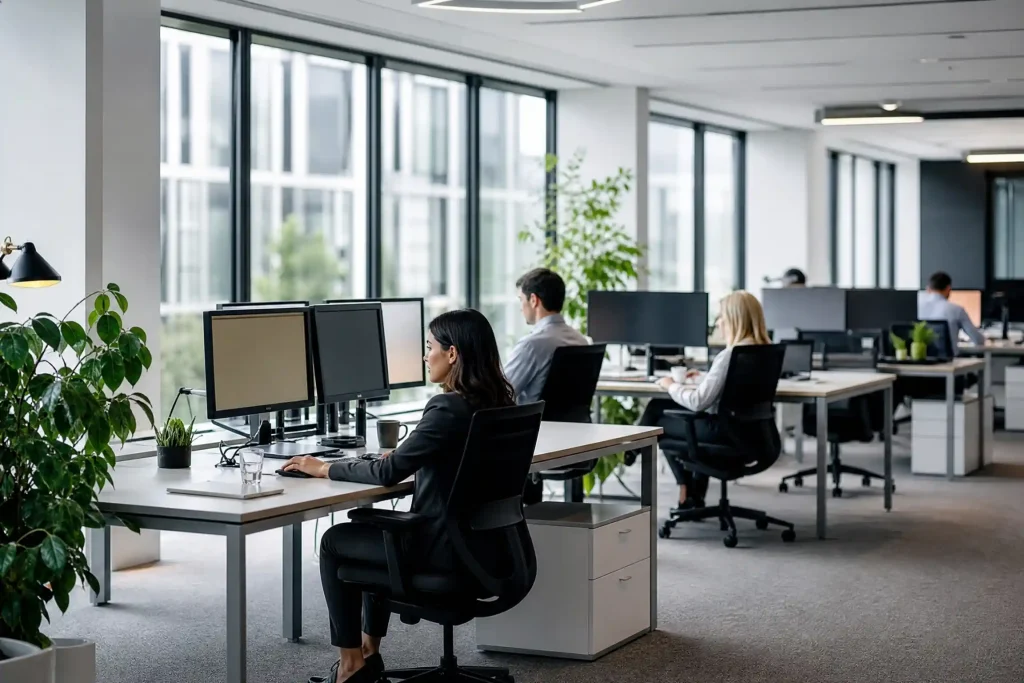 Open plan office interior with employees at desks - commercial fire and security compliance
