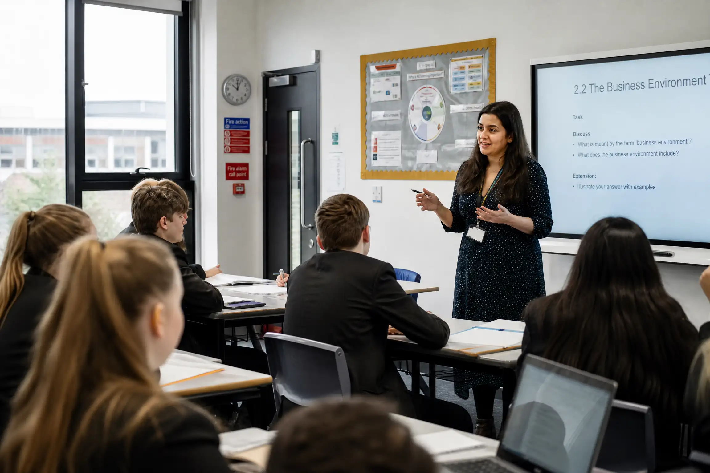 Modern school classroom or learning environment with fire safety systems installed