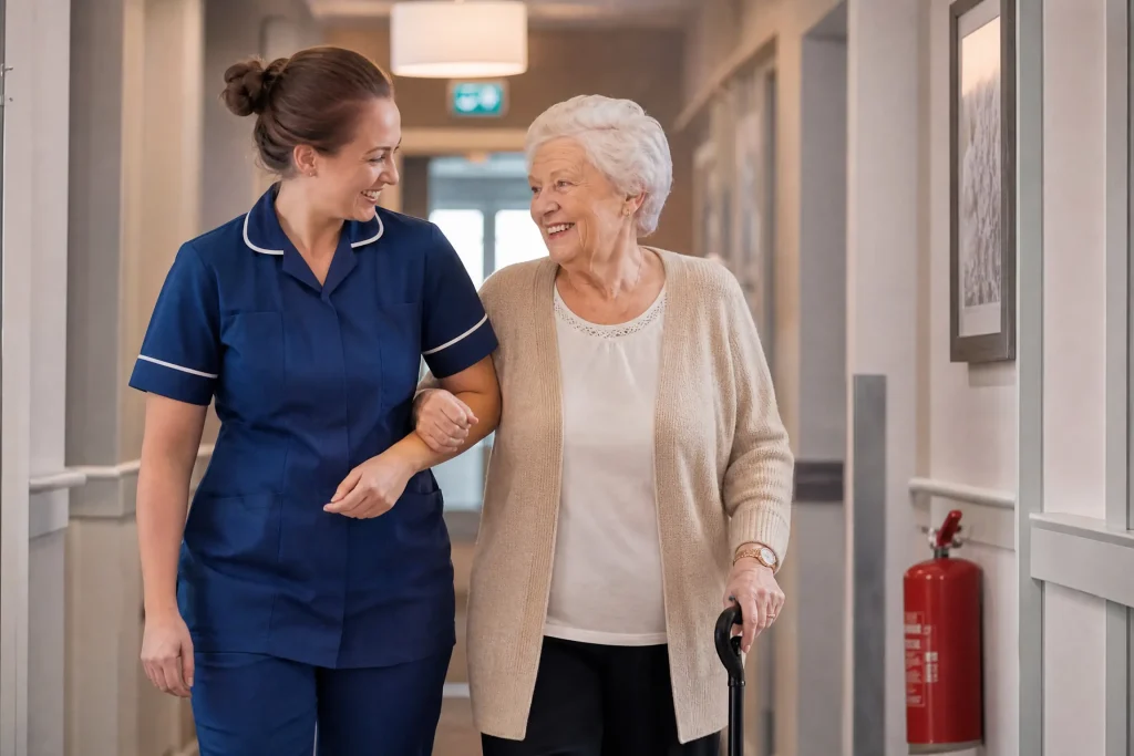 Nurse assisting elderly resident in care home corridor with fire safety equipment visible