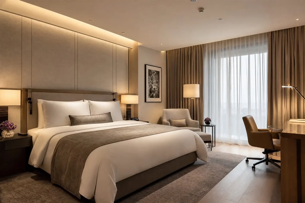 Modern hotel bedroom with smoke detector on ceiling - hotel fire safety compliance