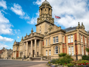 UK public sector building exterior - council or civic building fire and security compliance