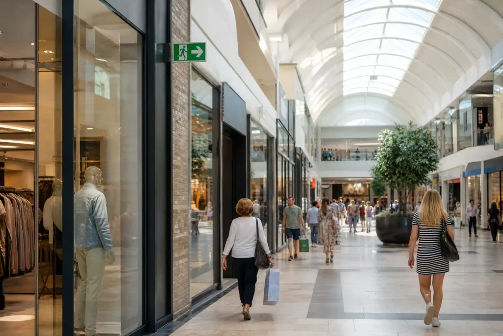 UK shopping centre corridor with fire exit signage and shopfronts